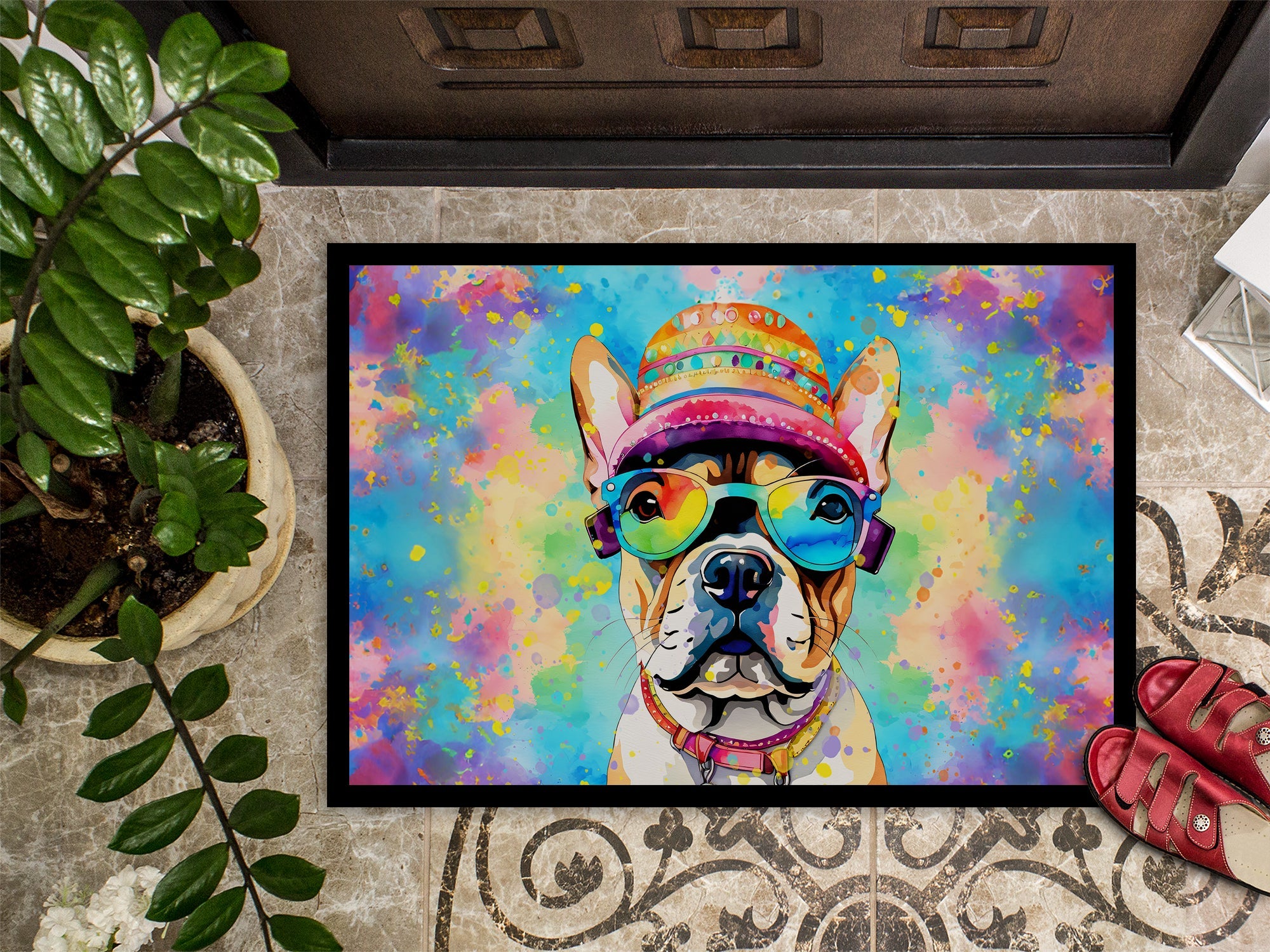 French Bulldog Hippie Dawg Doormat Indoor Outdoor 18H X 27W Front Door Mat Rugs for Entryway, Non Slip Washable
