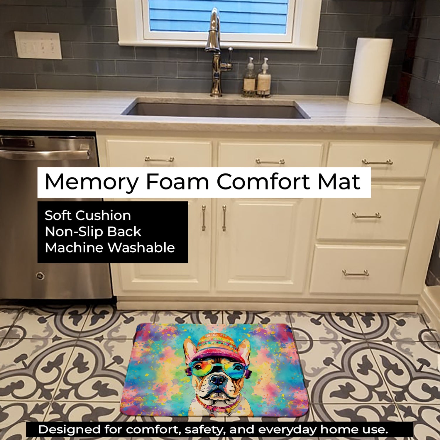 French Bulldog Hippie Dawg Memory Foam Kitchen Mat Machine Washable Anti-Fatigue Cushion Comfort Bath or Kitchen Rug