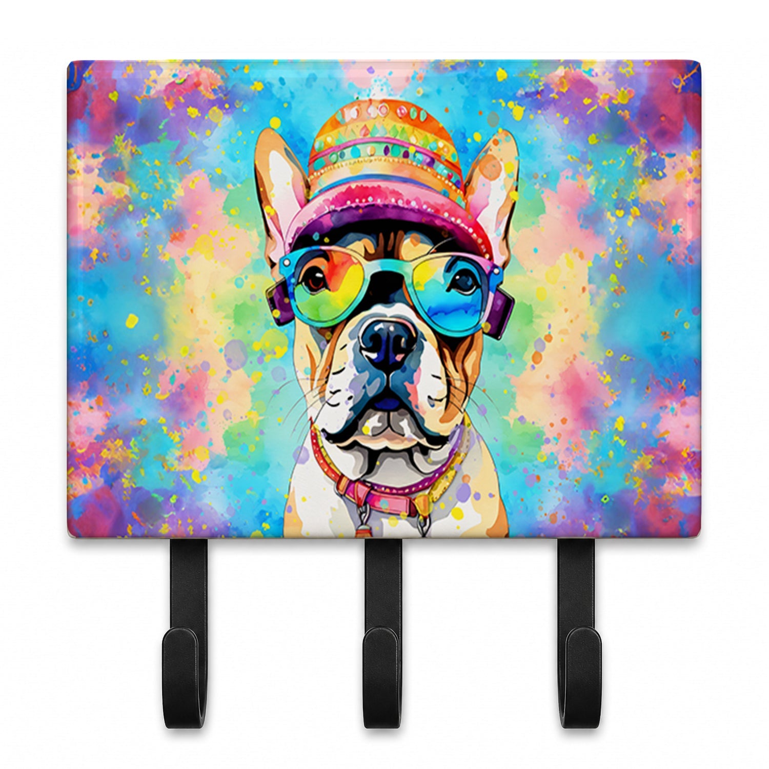 French Bulldog Hippie Dawg Leash or Key Holder Wall Hooks, Coat Rack Wall Mount, for Hanging Keys, Towels, Aprons, Leashes