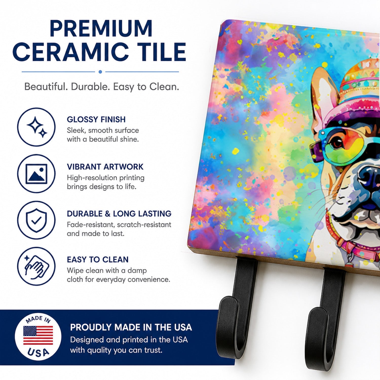 French Bulldog Hippie Dawg Leash or Key Holder Wall Hooks, Coat Rack Wall Mount, for Hanging Keys, Towels, Aprons, Leashes