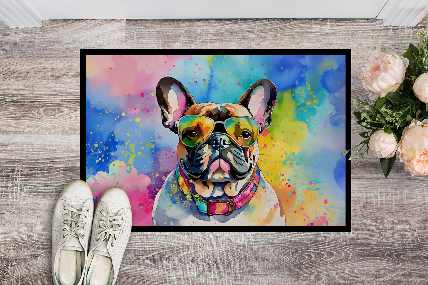 French Bulldog Hippie Dawg Doormat Indoor Outdoor 24H X 36W Front Door Mat Rugs for Entryway, Non Slip Washable Low Pile,