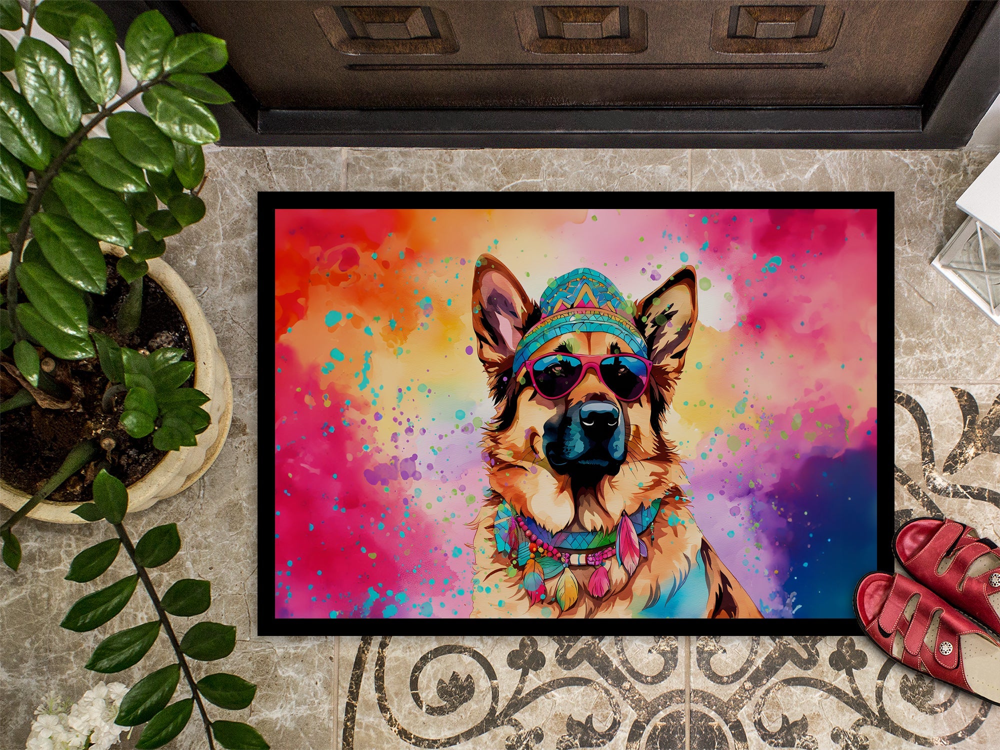 German Shepherd Hippie Dawg Doormat Indoor Outdoor 18H X 27W Front Door Mat Rugs for Entryway, Non Slip Washable