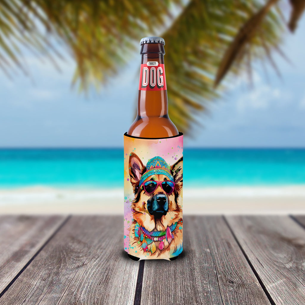 German Shepherd Hippie Dawg Slim Can Hugger , Insulated Foam Hugger for 12 oz Slim Cans, Beer Bottles & Water Bottles, Printed in USA