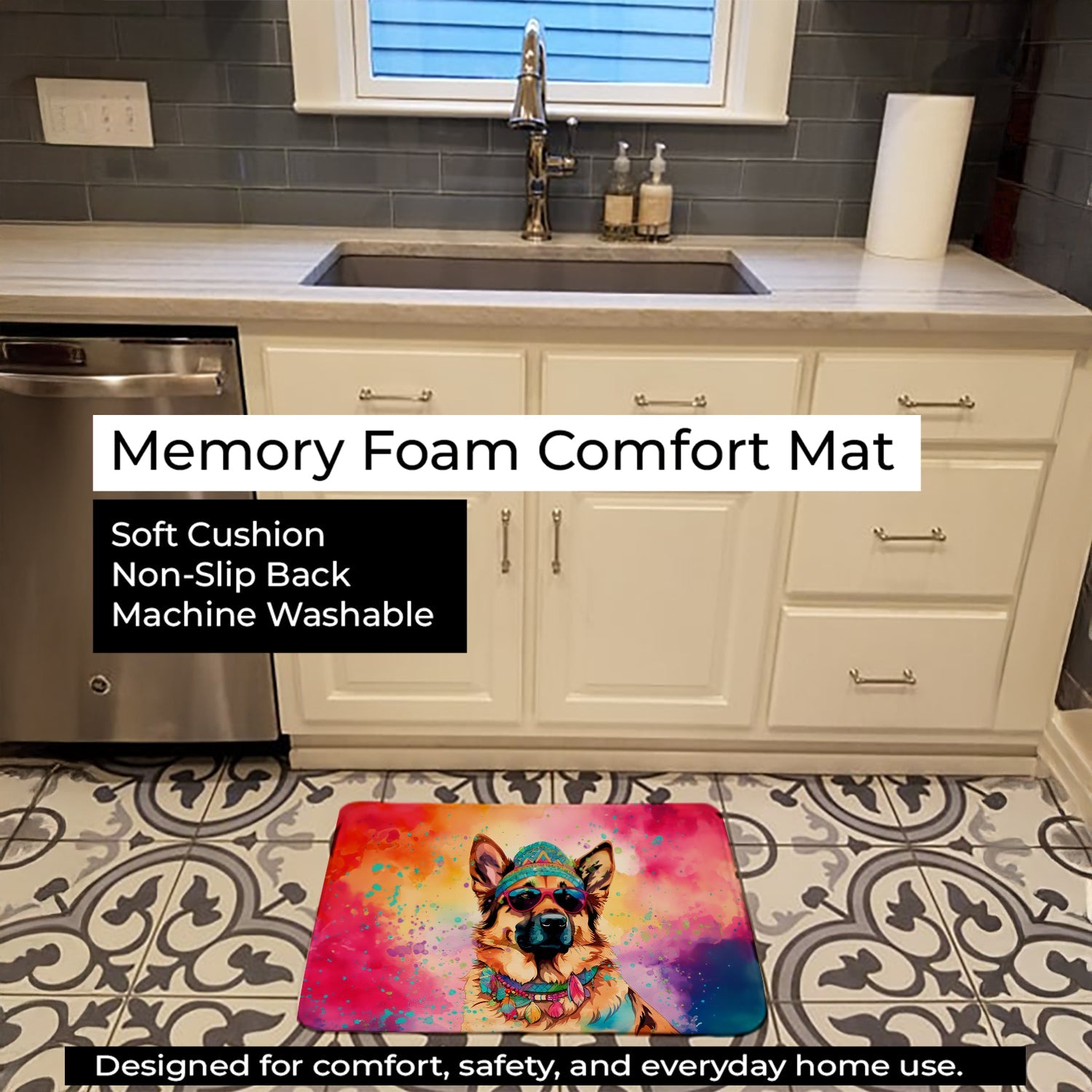 German Shepherd Hippie Dawg Memory Foam Kitchen Mat Machine Washable Anti-Fatigue Cushion Comfort Bath or Kitchen Rug