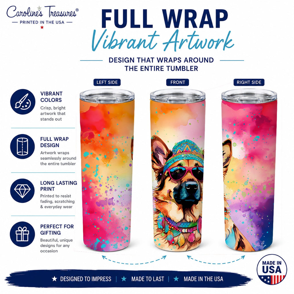 German Shepherd Hippie Dawg Stainless Steel Skinny Tumbler 20 oz Vacuum Double Walled Reusable Insulated Travel Cup