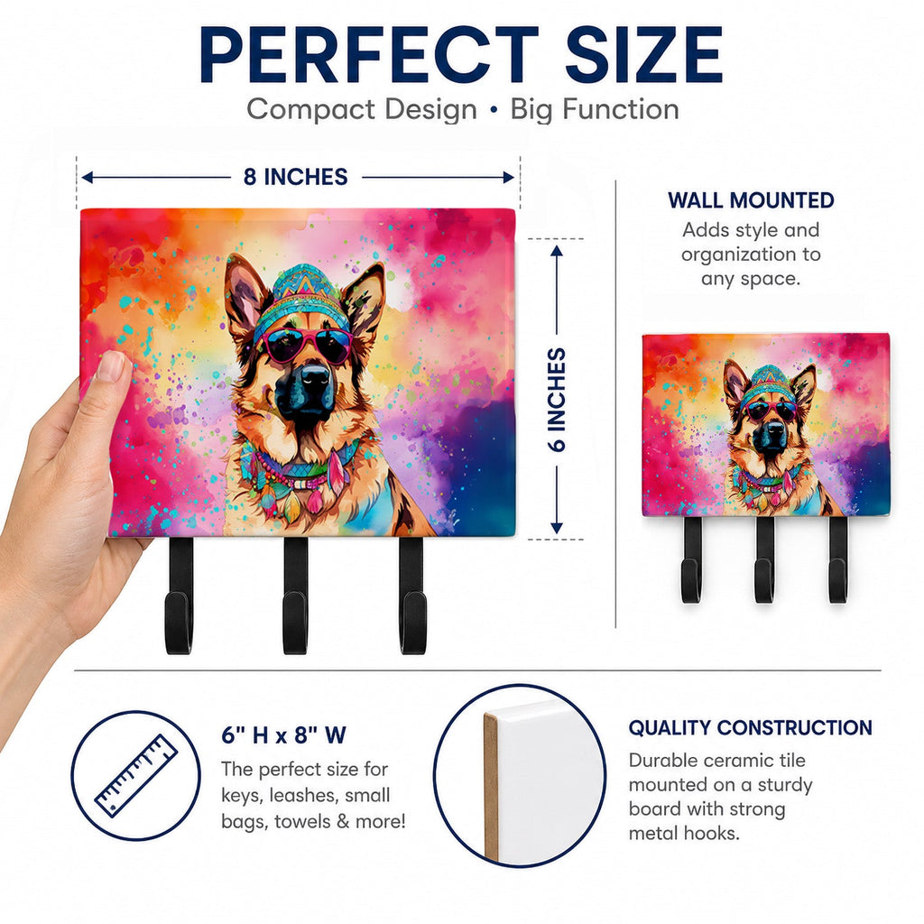 German Shepherd Hippie Dawg Leash or Key Holder Wall Hooks, Coat Rack Wall Mount, for Hanging Keys, Towels, Aprons, Leashes