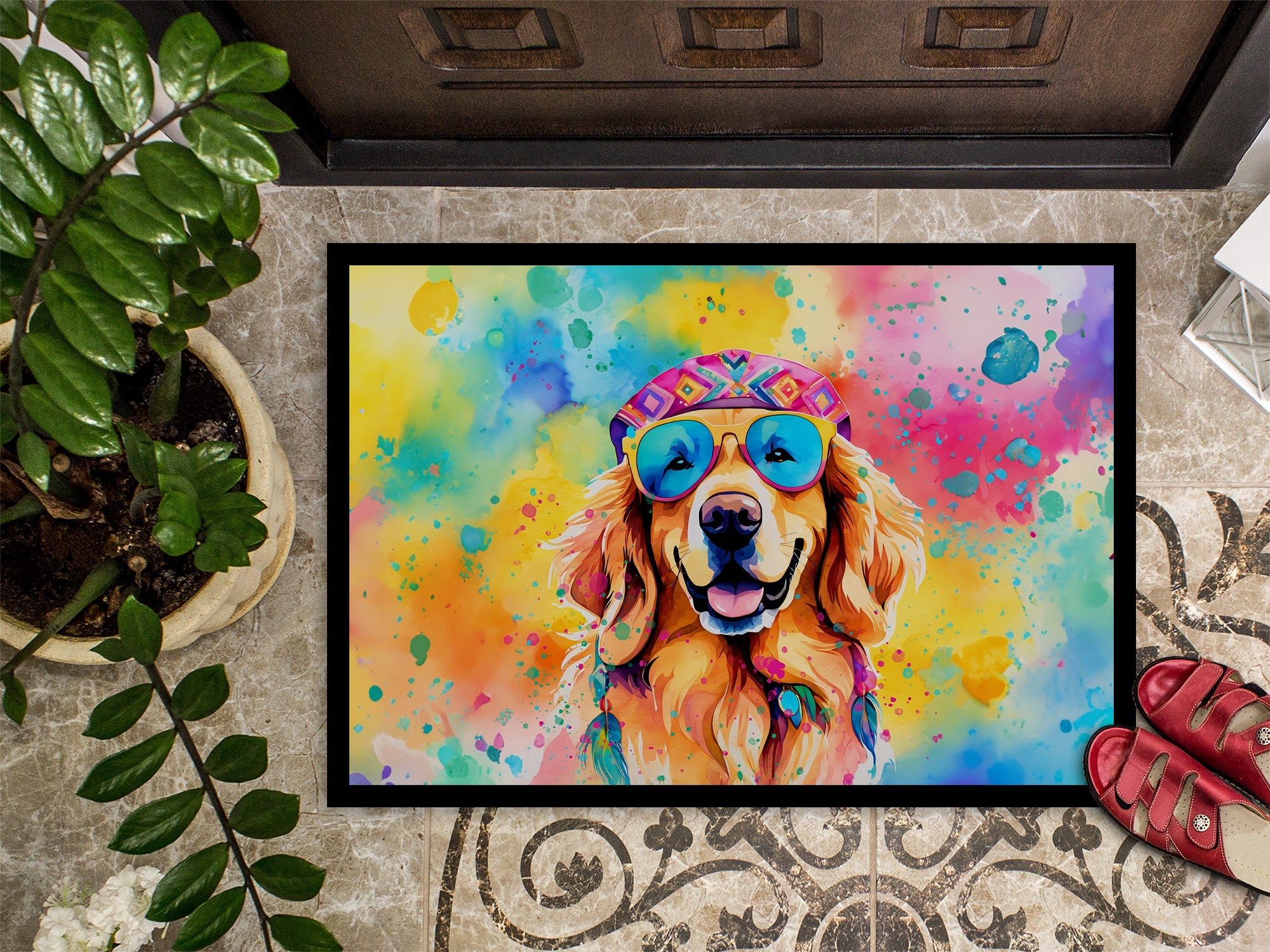 Golden Retriever Hippie Dawg Doormat Indoor Outdoor 18H X 27W Front Door Mat Rugs for Entryway, Non Slip Washable