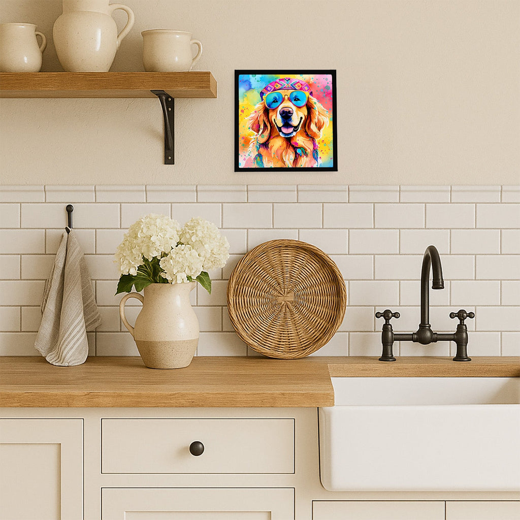 Golden Retriever Hippie Dawg Framed Metal Print Bathroom, Kitchen, Office, Home Decor Wall Art Ready to Hang, Square, 8X8