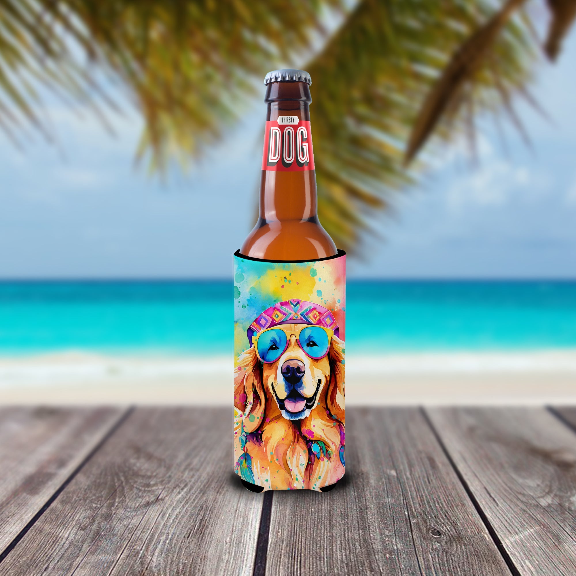 Golden Retriever Hippie Dawg Slim Can Hugger , Insulated Foam Hugger for 12 oz Slim Cans, Beer Bottles & Water Bottles, Printed in USA