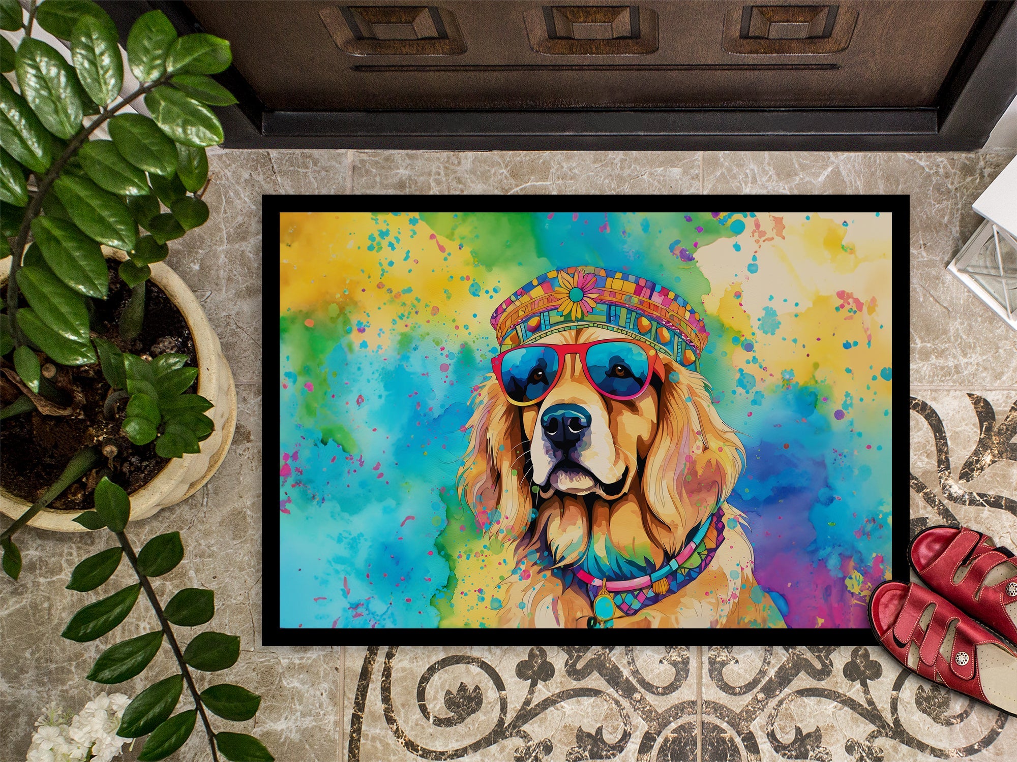 Golden Retriever Hippie Dawg Doormat Indoor Outdoor 24H X 36W Front Door Mat Rugs for Entryway, Non Slip Washable Low Pile,
