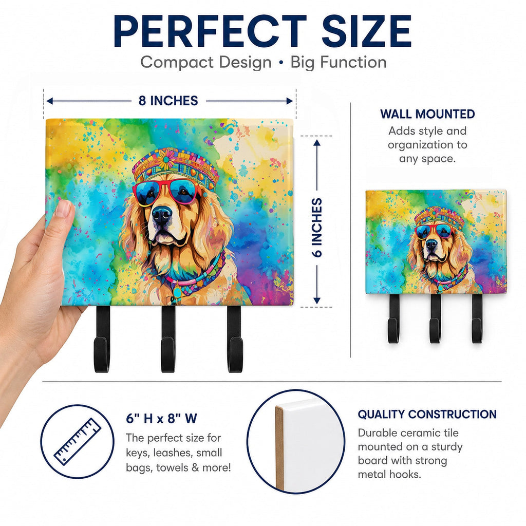 Golden Retriever Hippie Dawg Leash or Key Holder Wall Hooks, Coat Rack Wall Mount, for Hanging Keys, Towels, Aprons, Leashes