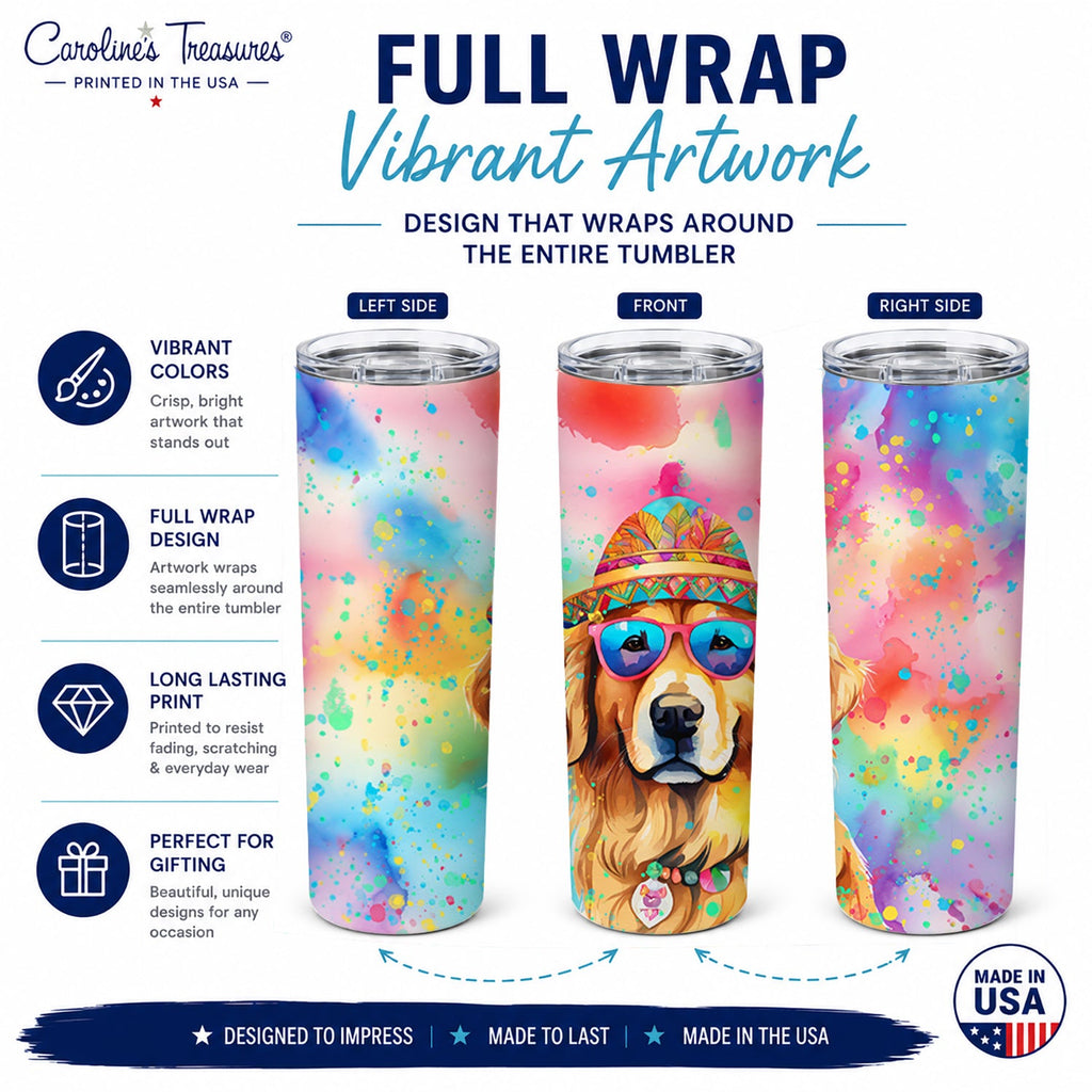 Golden Retriever Hippie Dawg Stainless Steel Skinny Tumbler 20 oz Vacuum Double Walled Reusable Insulated Travel Cup
