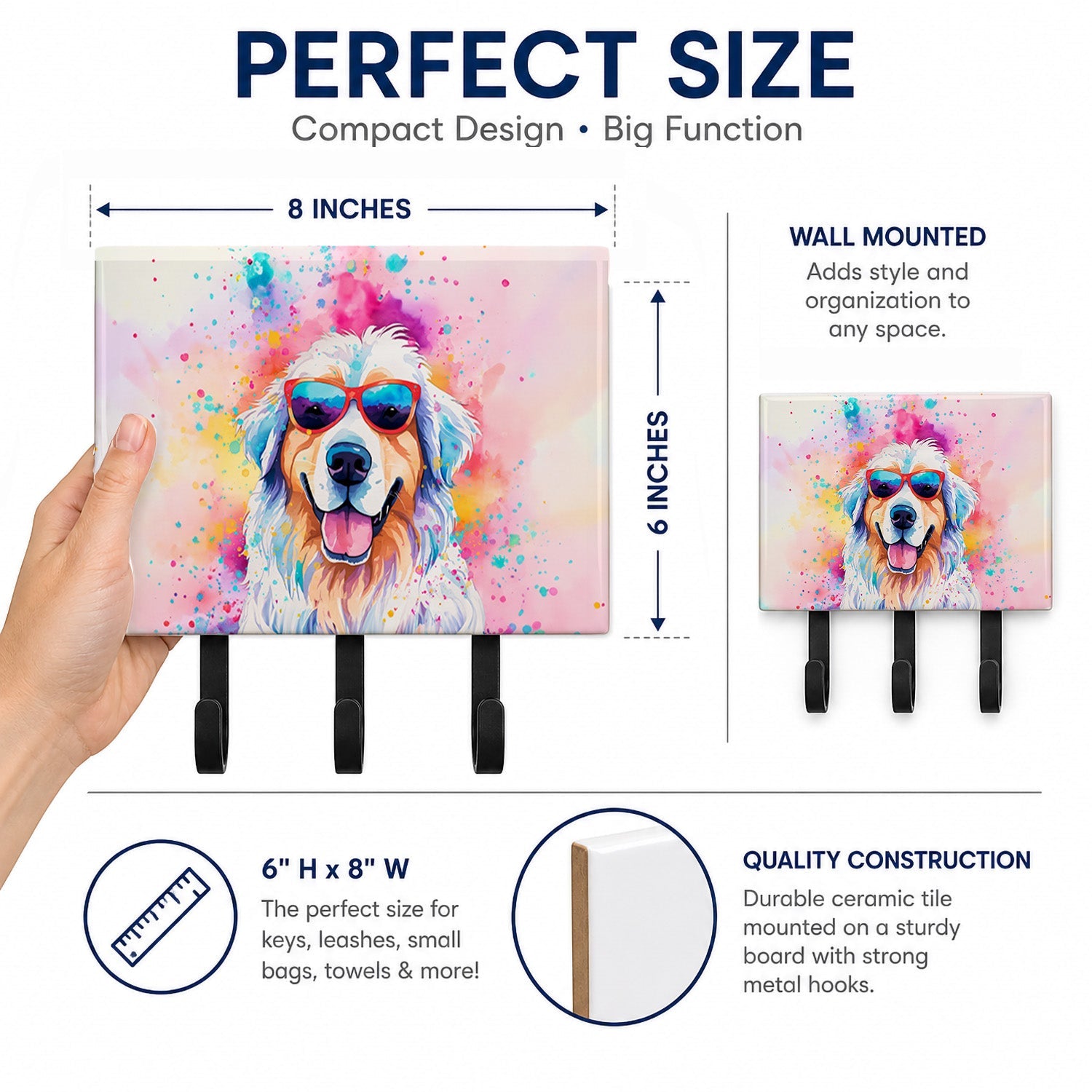 Great Pyrenees Hippie Dawg Leash or Key Holder Wall Hooks, Coat Rack Wall Mount, for Hanging Keys, Towels, Aprons, Leashes