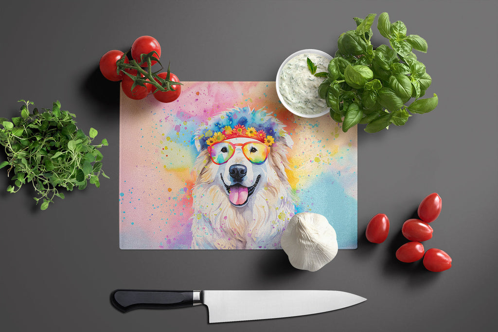 Great Pyrenees Hippie Dawg Cutting Board Tempered Glass Kitchen Cutting Surface, Heat Resistant Chopping, Non-Slip Feet, Food Prep & Serving