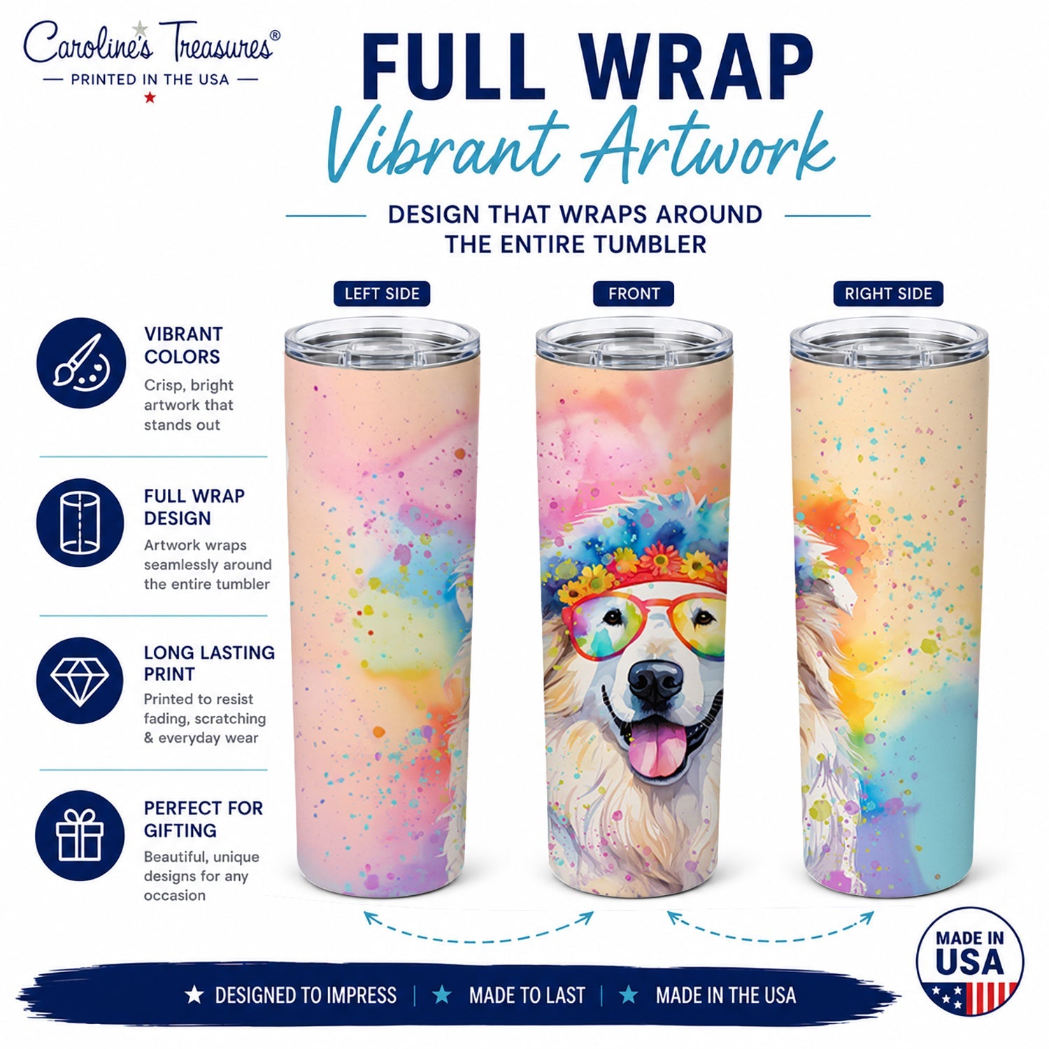 Great Pyrenees Hippie Dawg Stainless Steel Skinny Tumbler 20 oz Vacuum Double Walled Reusable Insulated Travel Cup