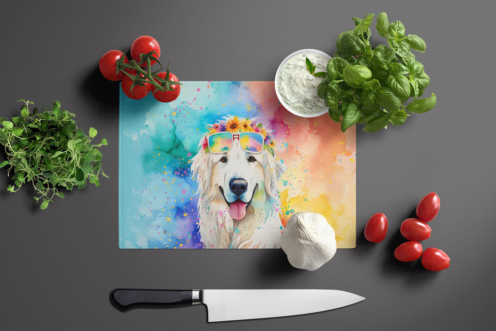 Great Pyrenees Hippie Dawg Cutting Board Tempered Glass Kitchen Cutting Surface, Heat Resistant Chopping, Non-Slip Feet, Food Prep & Serving
