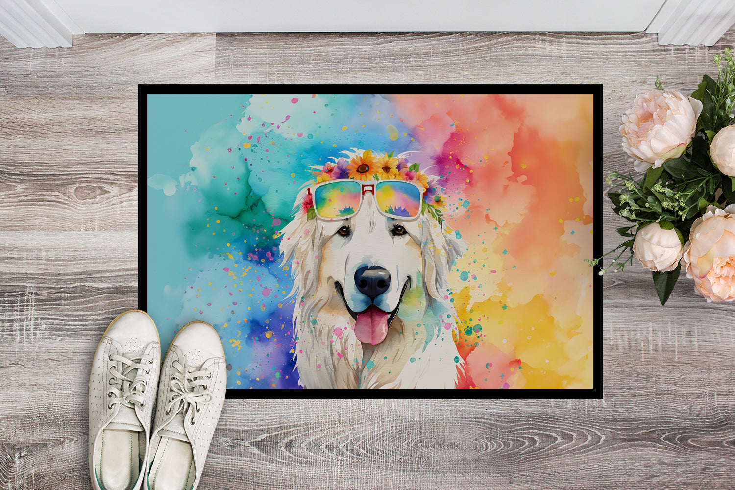 Great Pyrenees Hippie Dawg Doormat Indoor Outdoor 18H X 27W Front Door Mat Rugs for Entryway, Non Slip Washable
