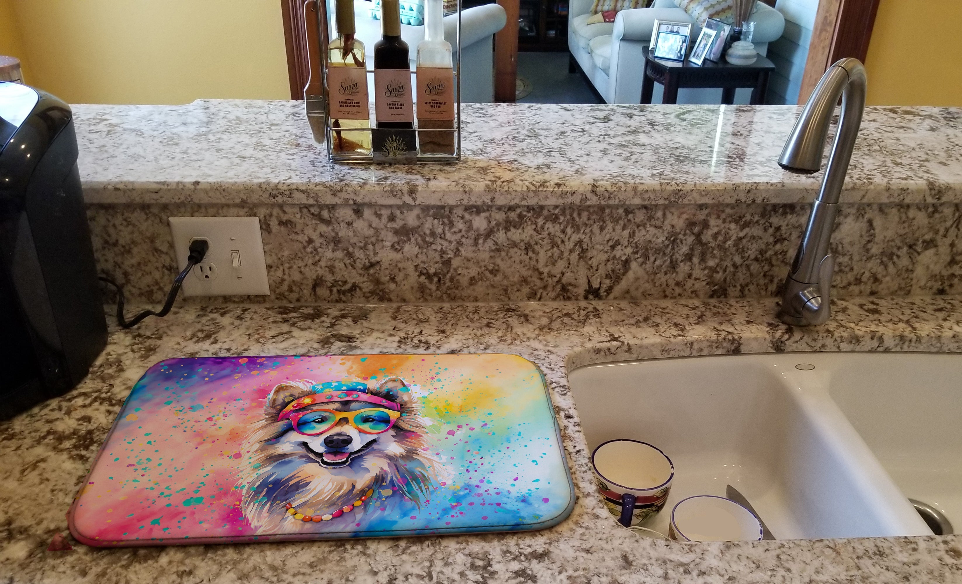 Keeshond Hippie Dawg Dish Drying Mat Absorbent Dish Drying Mat Pad for Kitchen Counter Dish Drainer Mat for Countertop, 14 x 21", Multicolor