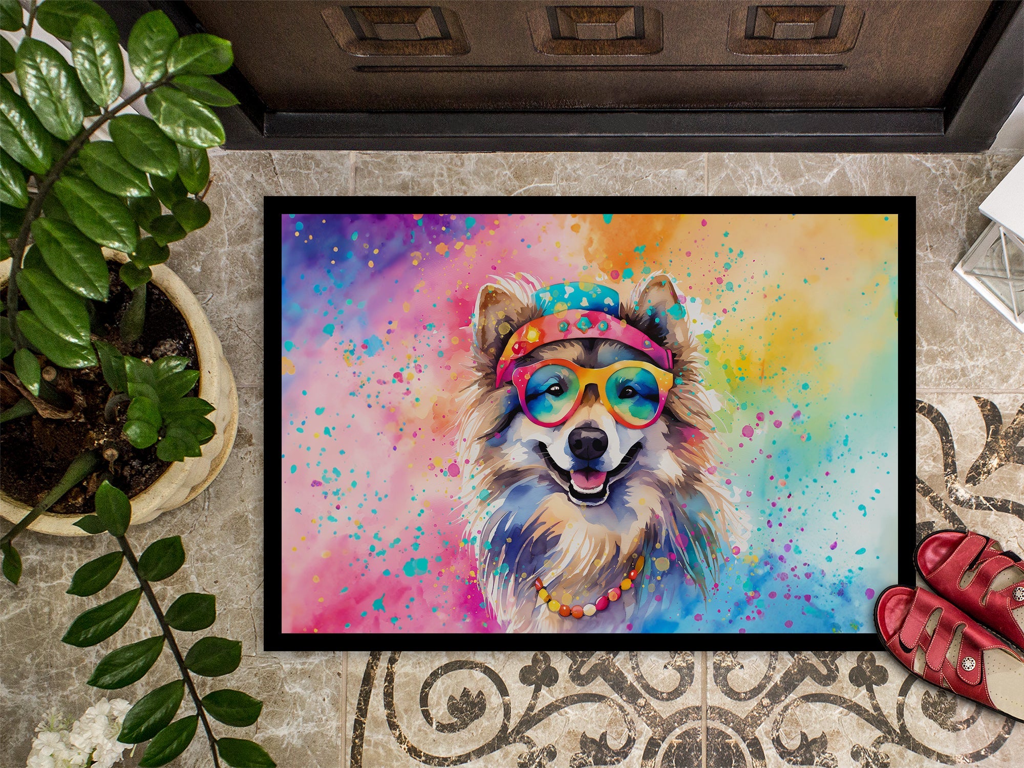 Keeshond Hippie Dawg Doormat Indoor Outdoor 24H X 36W Front Door Mat Rugs for Entryway, Non Slip Washable Low Pile,