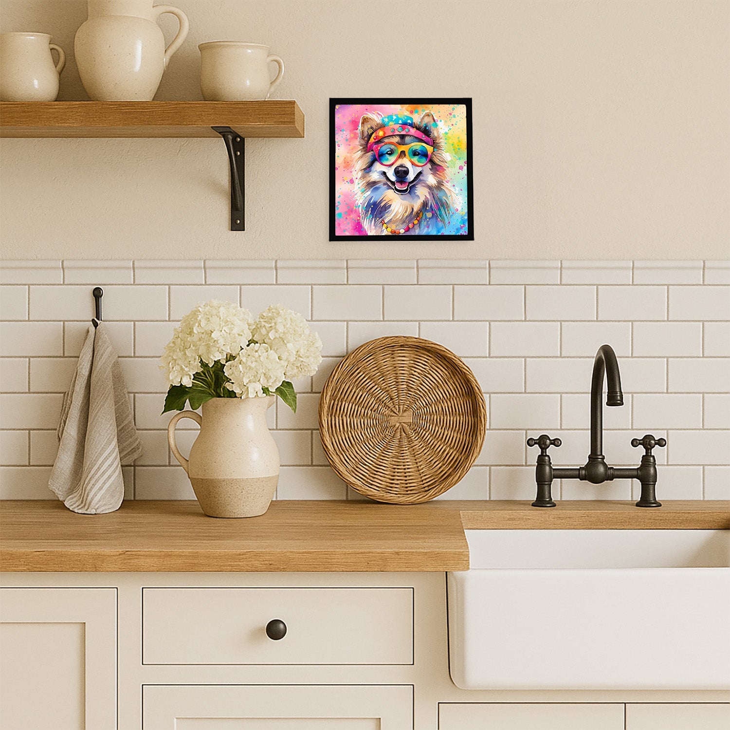 Keeshond Hippie Dawg Framed Metal Print Bathroom, Kitchen, Office, Home Decor Wall Art Ready to Hang, Square, 8X8