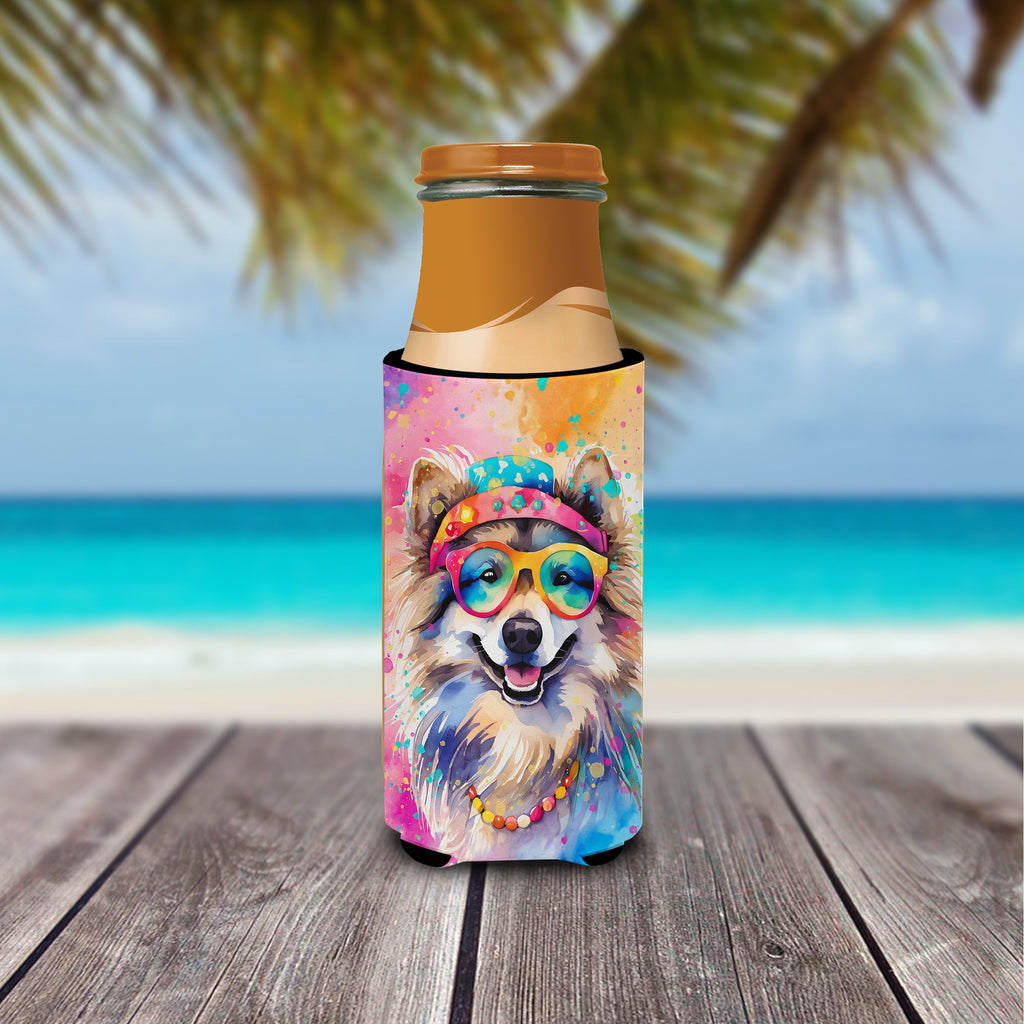 Keeshond Hippie Dawg Slim Can Hugger , Insulated Foam Hugger for 12 oz Slim Cans, Beer Bottles & Water Bottles, Printed in USA