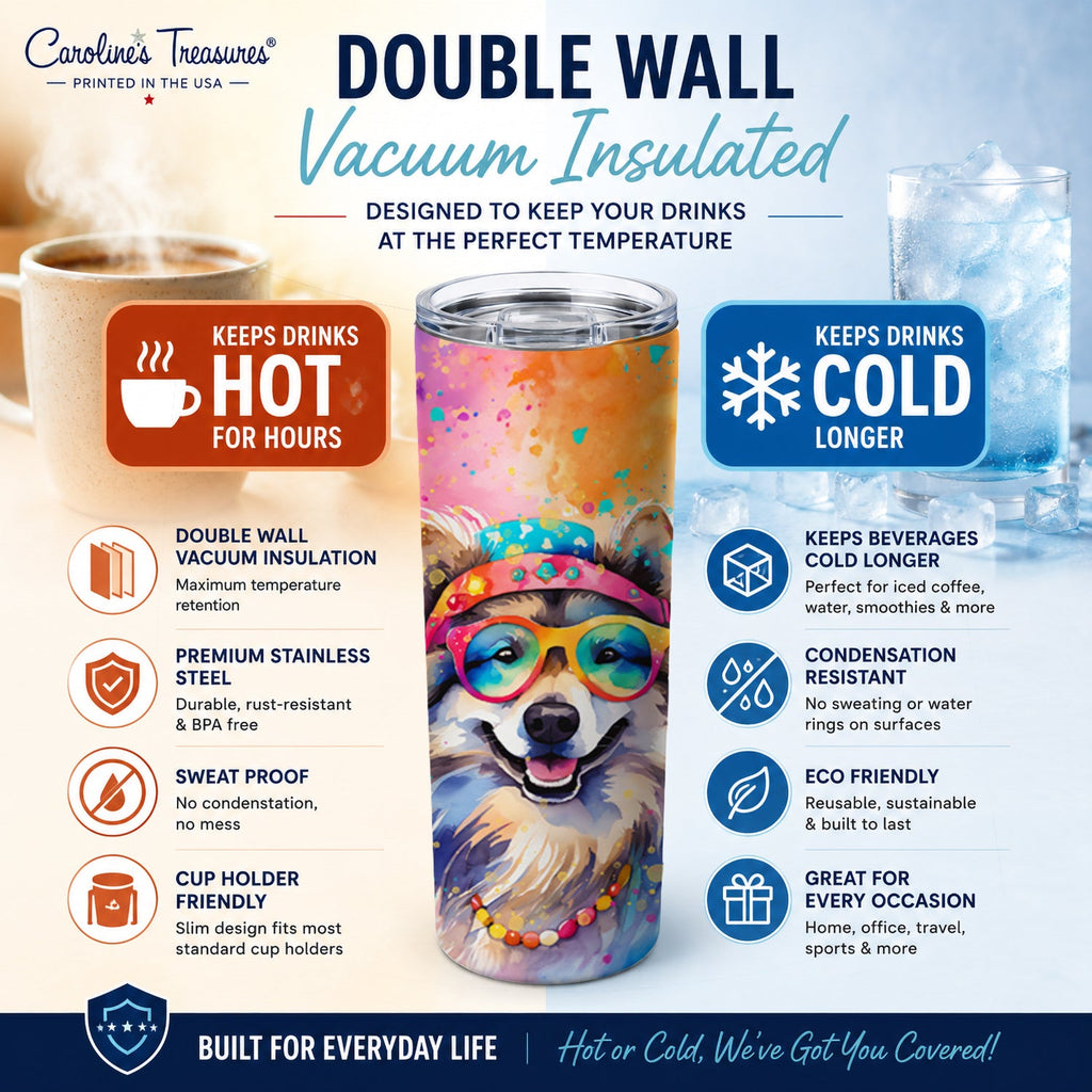 Keeshond Hippie Dawg Stainless Steel Skinny Tumbler 20 oz Vacuum Double Walled Reusable Insulated Travel Cup