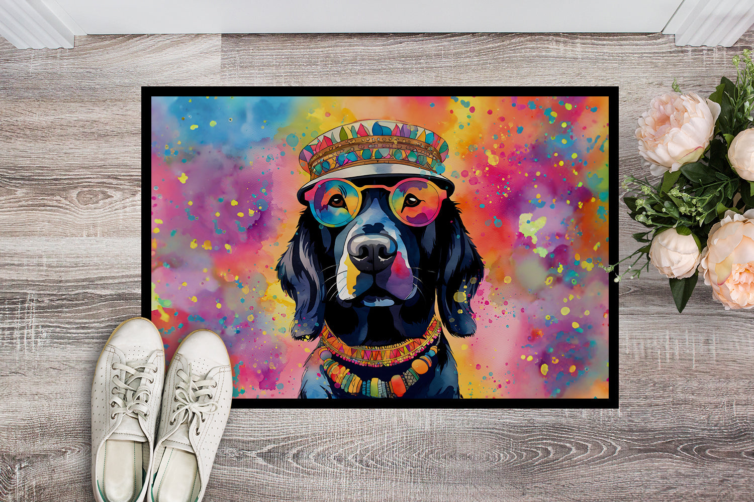 Black Labrador Hippie Dawg Doormat Indoor Outdoor 24H X 36W Front Door Mat Rugs for Entryway, Non Slip Washable Low Pile,