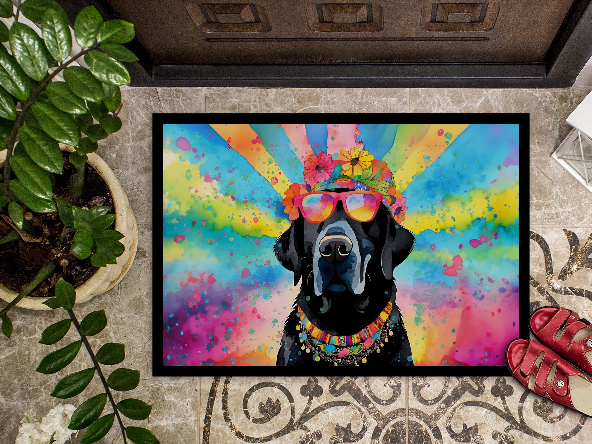 Black Labrador Hippie Dawg Doormat Indoor Outdoor 24H X 36W Front Door Mat Rugs for Entryway, Non Slip Washable Low Pile,