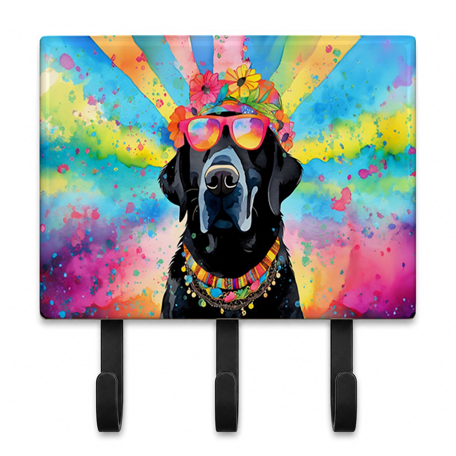 Black Labrador Hippie Dawg Leash or Key Holder Wall Hooks, Coat Rack Wall Mount, for Hanging Keys, Towels, Aprons, Leashes