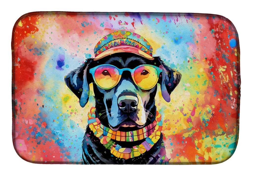 Black Labrador Hippie Dawg Dish Drying Mat Absorbent Dish Drying Mat Pad for Kitchen Counter Dish Drainer Mat for Countertop, 14 x 21", Multicolor