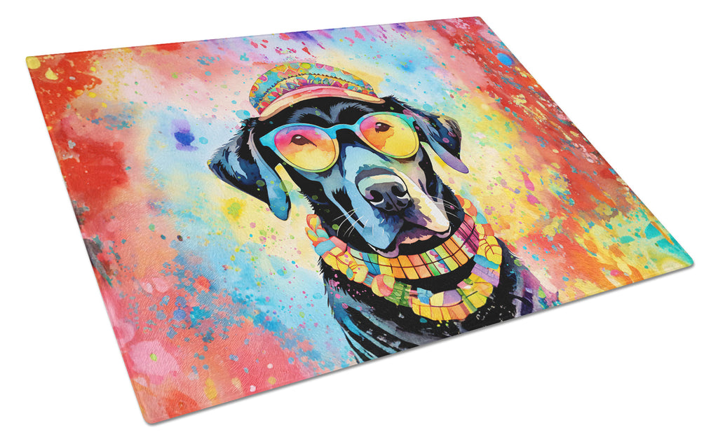 Black Labrador Hippie Dawg Cutting Board Tempered Glass Kitchen Cutting Surface, Heat Resistant Chopping, Non-Slip Feet, Food Prep & Serving