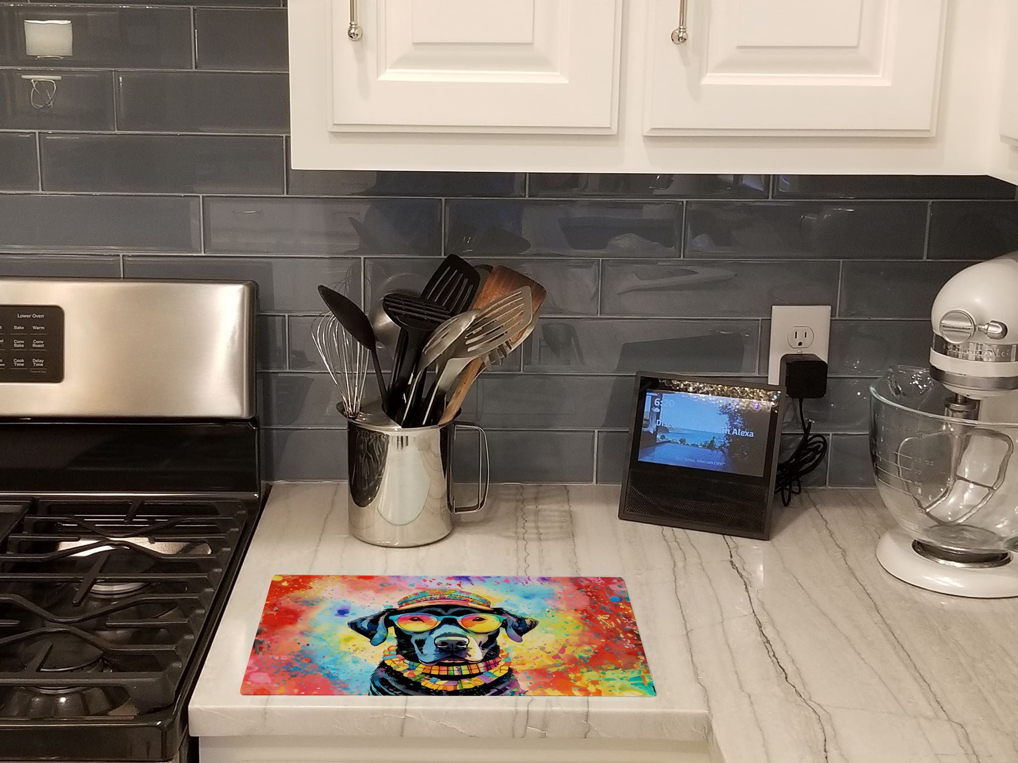 Black Labrador Hippie Dawg Cutting Board Tempered Glass Kitchen Cutting Surface, Heat Resistant Chopping, Non-Slip Feet, Food Prep & Serving
