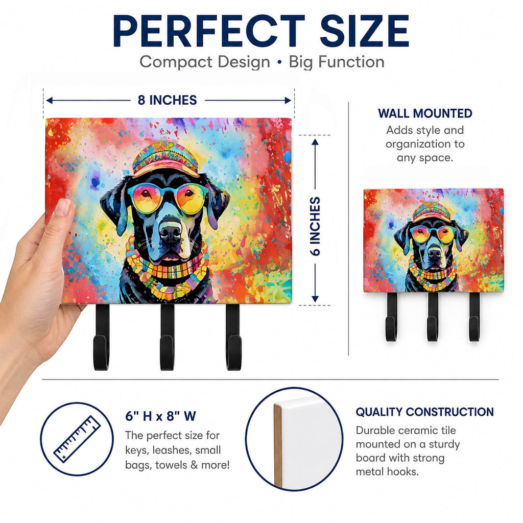 Black Labrador Hippie Dawg Leash or Key Holder Wall Hooks, Coat Rack Wall Mount, for Hanging Keys, Towels, Aprons, Leashes