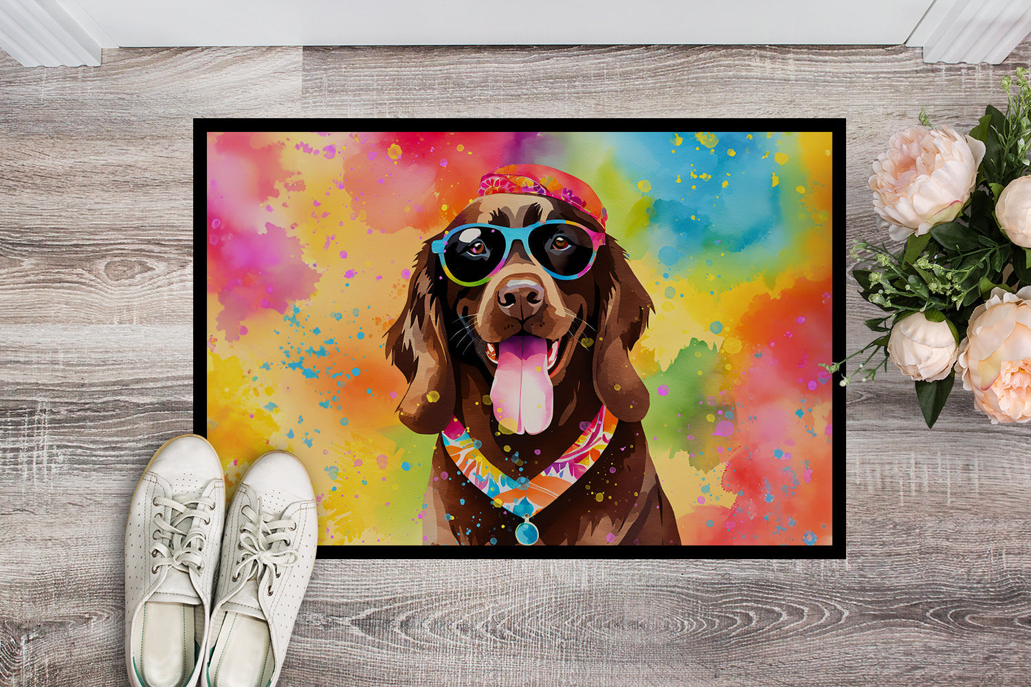 Chocolate Labrador Hippie Dawg Doormat Indoor Outdoor 18H X 27W Front Door Mat Rugs for Entryway, Non Slip Washable