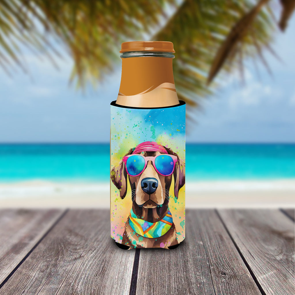 Chocolate Labrador Hippie Dawg Slim Can Hugger , Insulated Foam Hugger for 12 oz Slim Cans, Beer Bottles & Water Bottles, Printed in USA