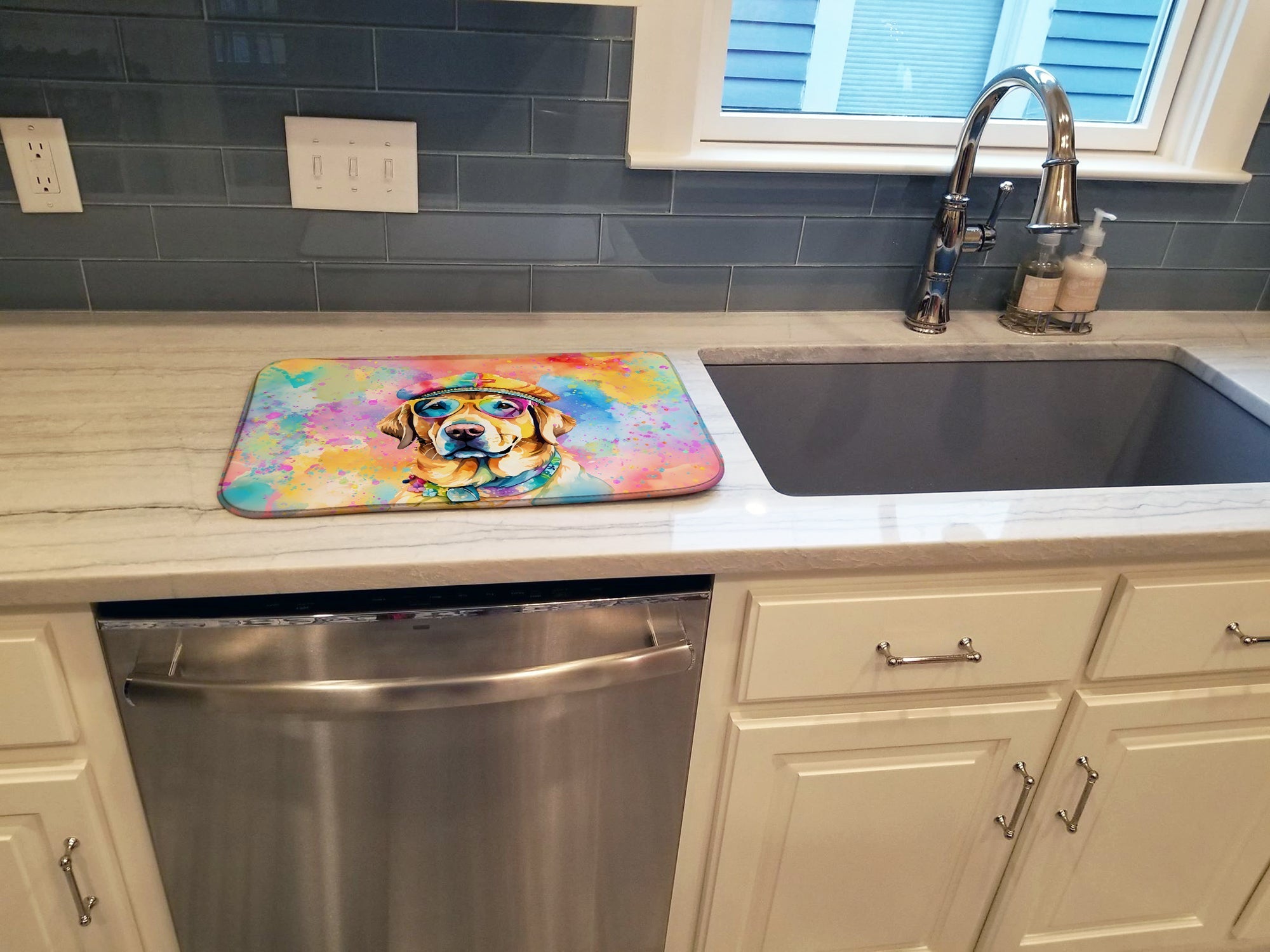 Yellow Labrador Hippie Dawg Dish Drying Mat Absorbent Dish Drying Mat Pad for Kitchen Counter Dish Drainer Mat for Countertop, 14 x 21", Multicolor