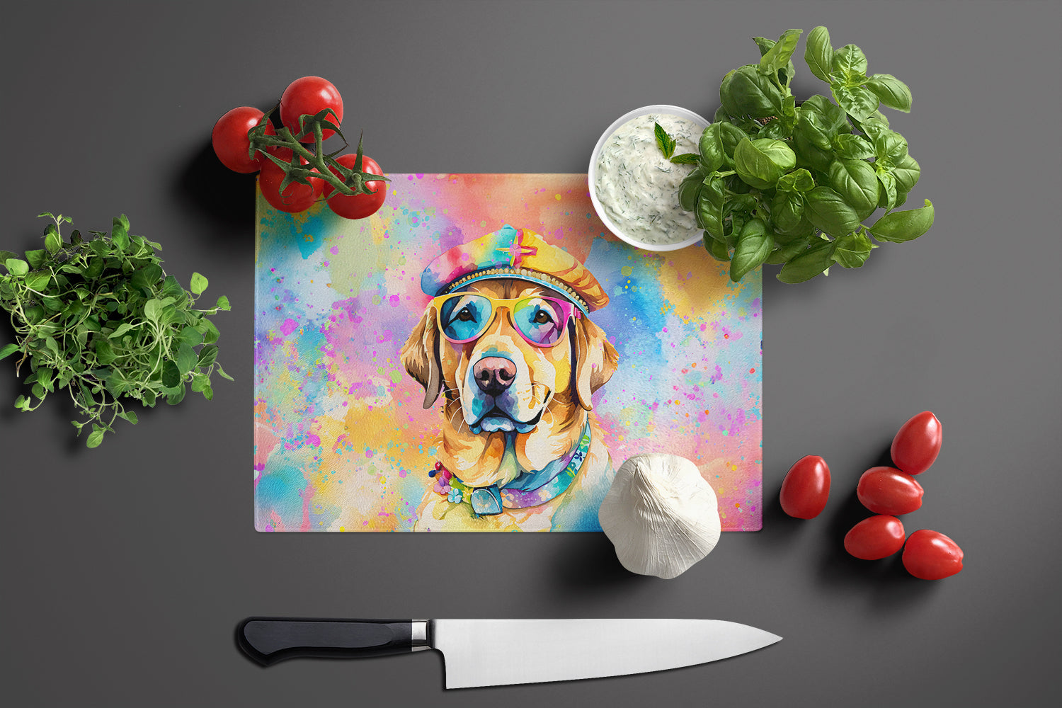 Yellow Labrador Hippie Dawg Cutting Board Tempered Glass Kitchen Cutting Surface, Heat Resistant Chopping, Non-Slip Feet, Food Prep & Serving