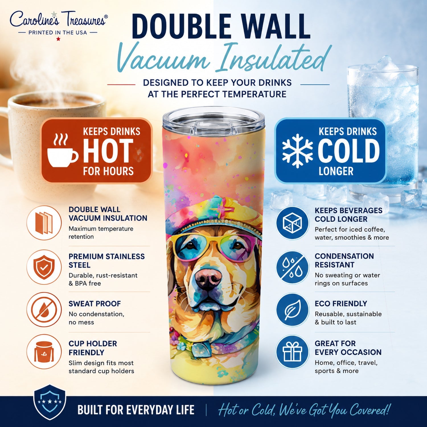 Yellow Labrador Hippie Dawg Stainless Steel Skinny Tumbler 20 oz Vacuum Double Walled Reusable Insulated Travel Cup