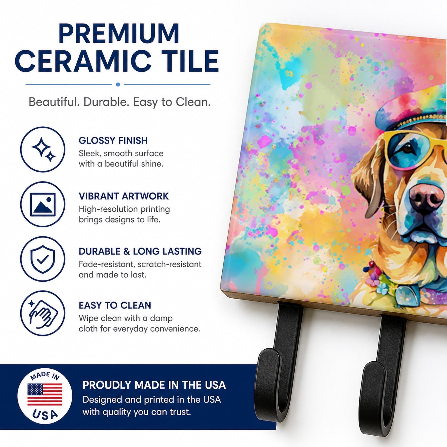 Yellow Labrador Hippie Dawg Leash or Key Holder Wall Hooks, Coat Rack Wall Mount, for Hanging Keys, Towels, Aprons, Leashes