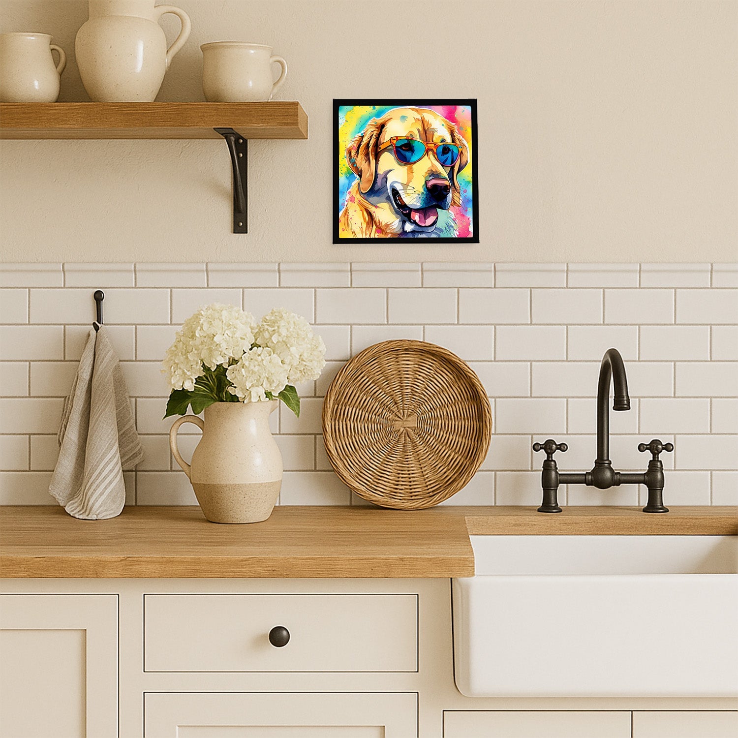 Yellow Labrador Hippie Dawg Framed Metal Print Bathroom, Kitchen, Office, Home Decor Wall Art Ready to Hang, Square, 8X8