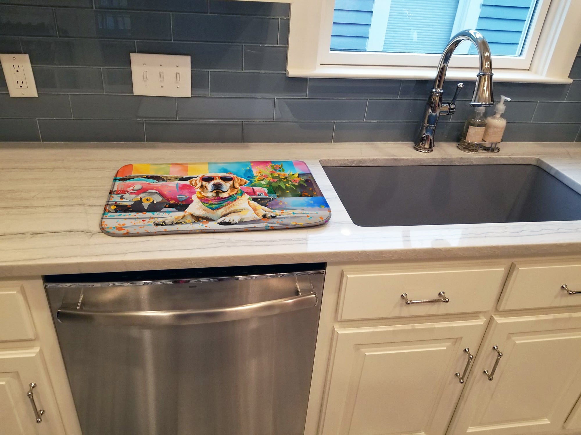 Yellow Labrador Hippie Dawg Dish Drying Mat Absorbent Dish Drying Mat Pad for Kitchen Counter Dish Drainer Mat for Countertop, 14 x 21", Multicolor