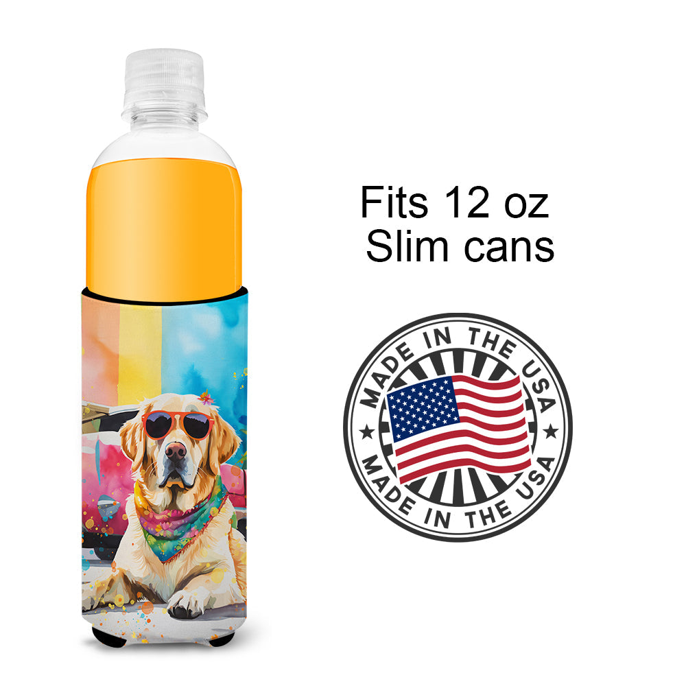 Yellow Labrador Hippie Dawg Slim Can Hugger , Insulated Foam Hugger for 12 oz Slim Cans, Beer Bottles & Water Bottles, Printed in USA