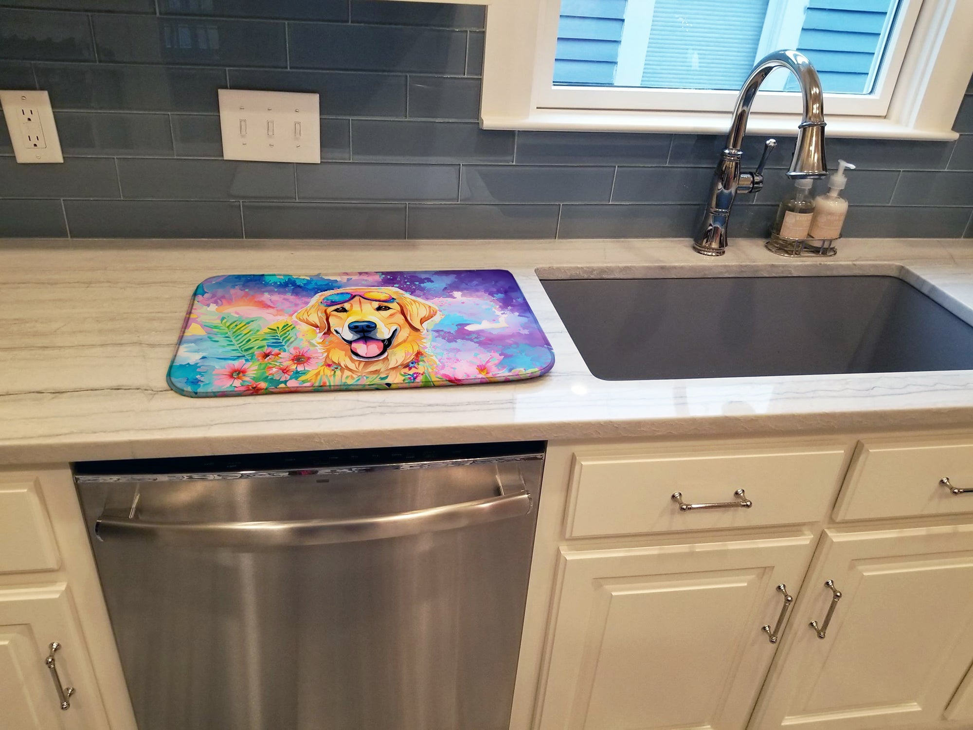 Yellow Labrador Hippie Dawg Dish Drying Mat Absorbent Dish Drying Mat Pad for Kitchen Counter Dish Drainer Mat for Countertop, 14 x 21", Multicolor