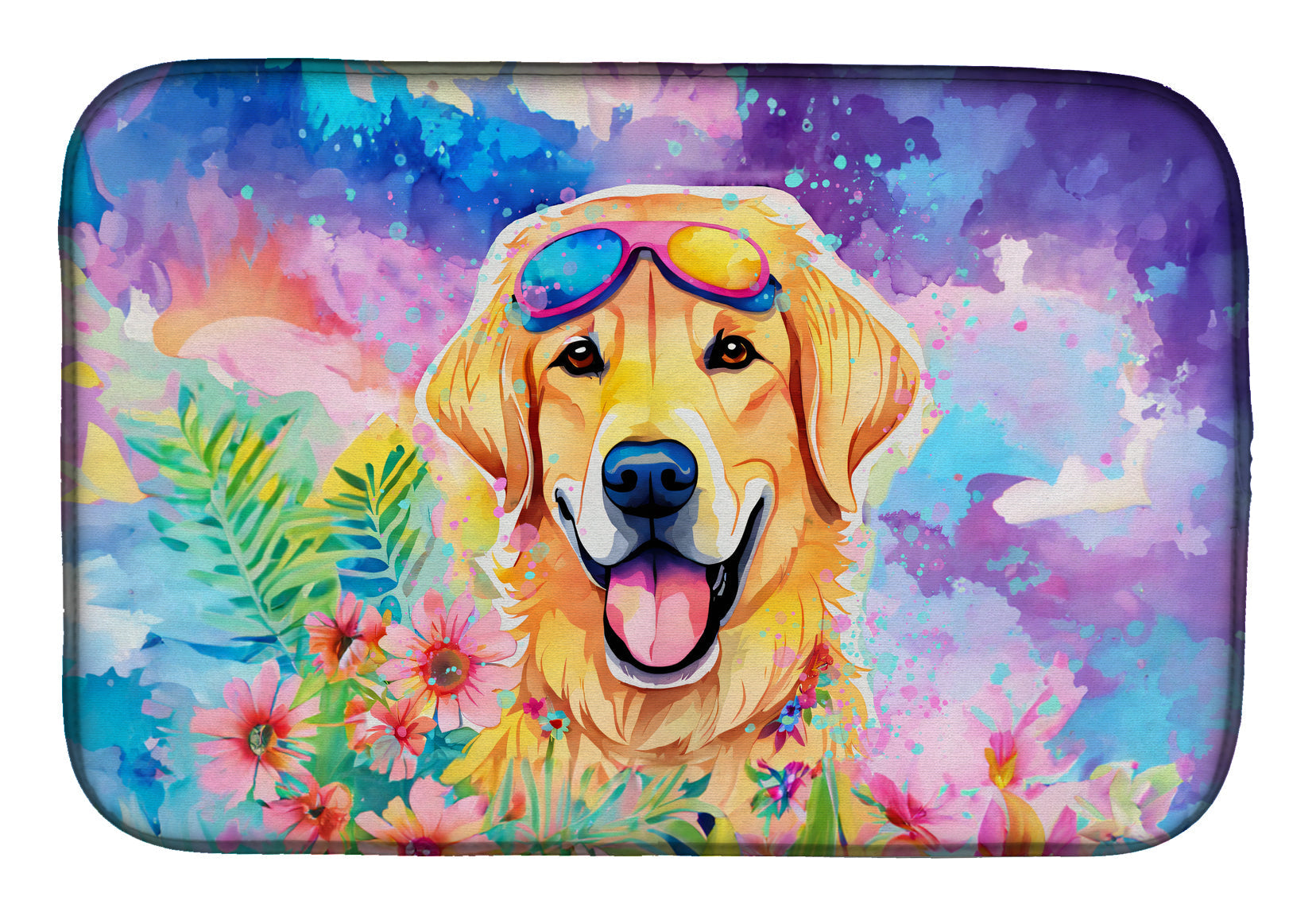 Yellow Labrador Hippie Dawg Dish Drying Mat Absorbent Dish Drying Mat Pad for Kitchen Counter Dish Drainer Mat for Countertop, 14 x 21", Multicolor