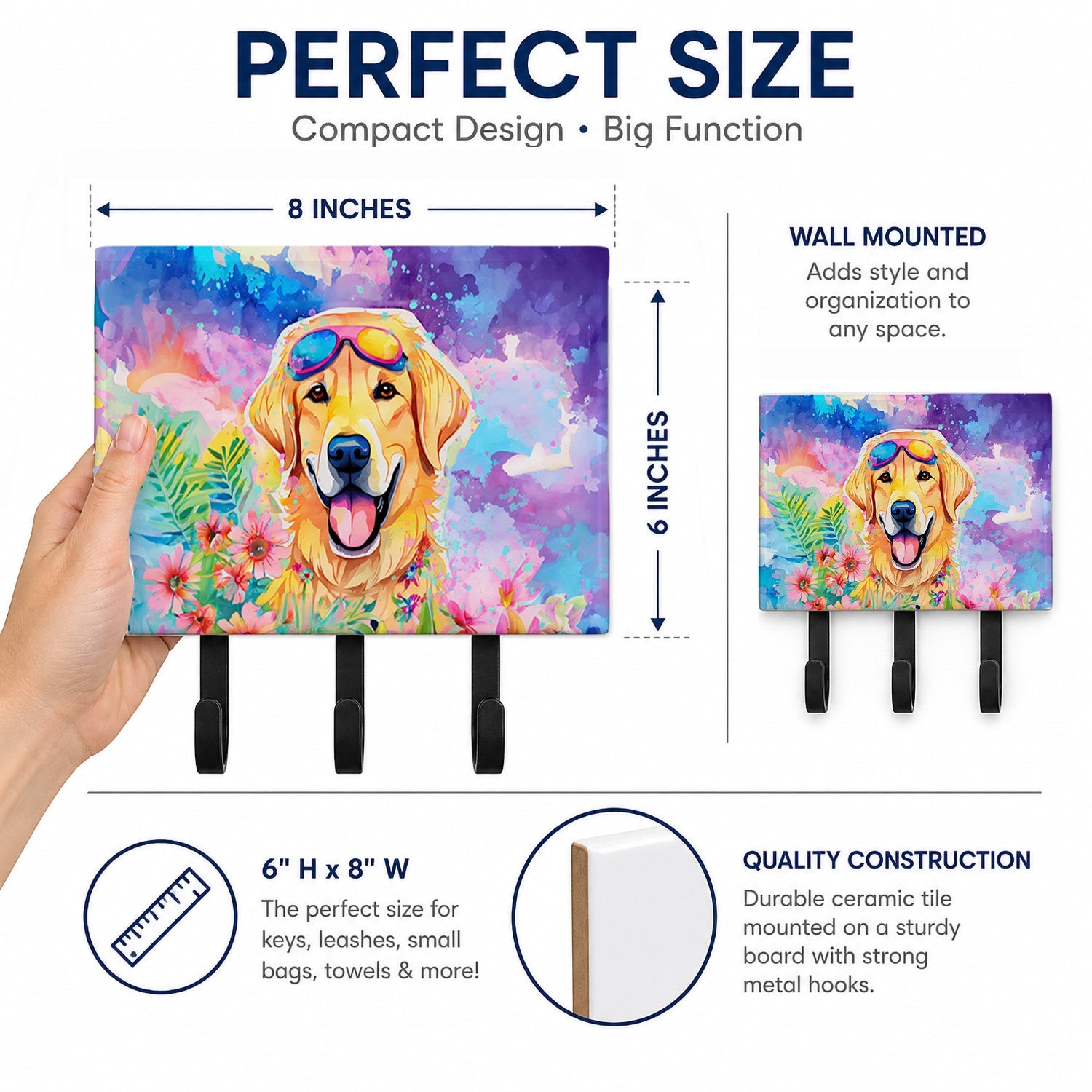 Yellow Labrador Hippie Dawg Leash or Key Holder Wall Hooks, Coat Rack Wall Mount, for Hanging Keys, Towels, Aprons, Leashes