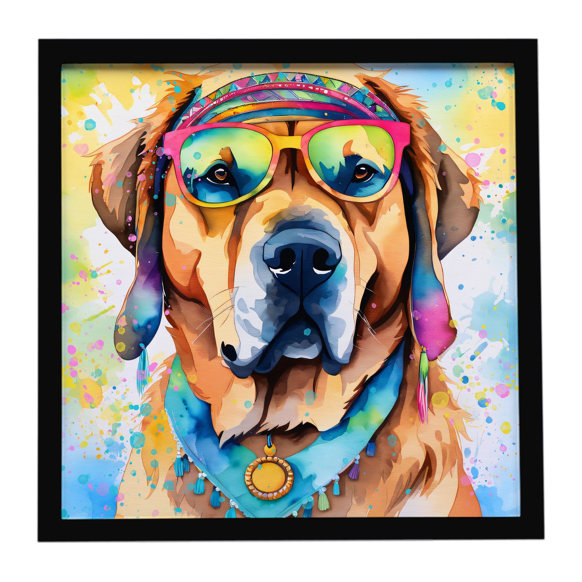 Mastiff Hippie Dawg Framed Metal Print Bathroom, Kitchen, Office, Home Decor Wall Art Ready to Hang, Square, 8X8
