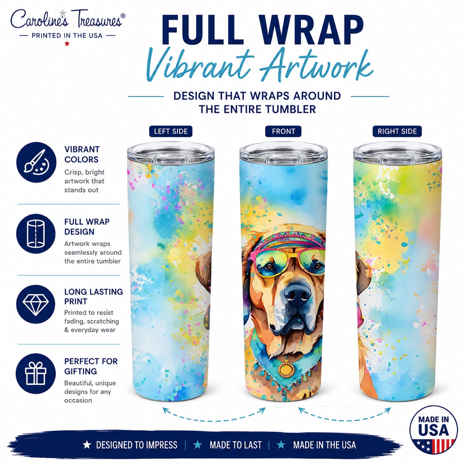 Mastiff Hippie Dawg Stainless Steel Skinny Tumbler 20 oz Vacuum Double Walled Reusable Insulated Travel Cup