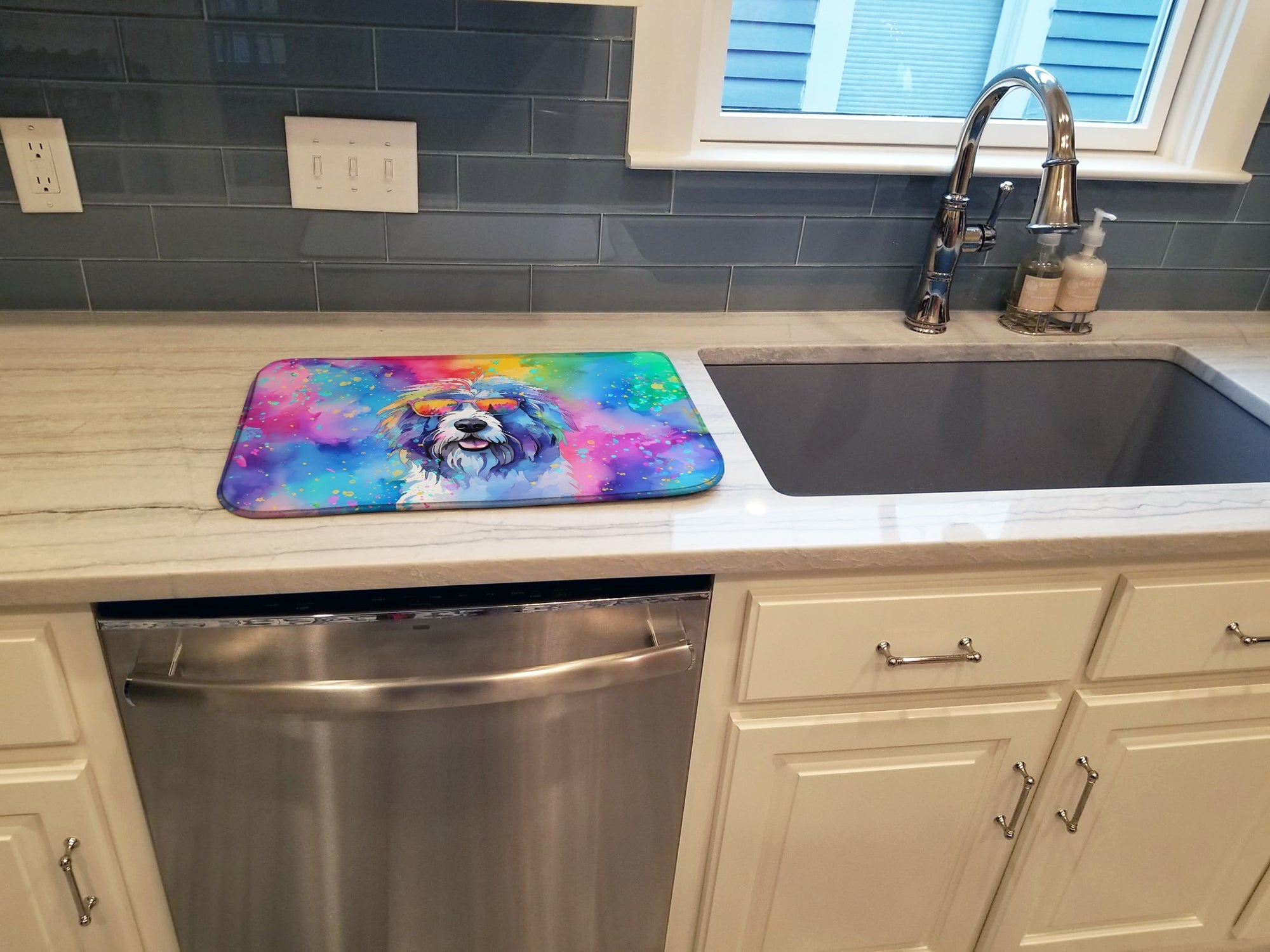 Old English Sheepdog Hippie Dawg Dish Drying Mat Absorbent Dish Drying Mat Pad for Kitchen Counter Dish Drainer Mat for Countertop, 14 x 21", Multicolor