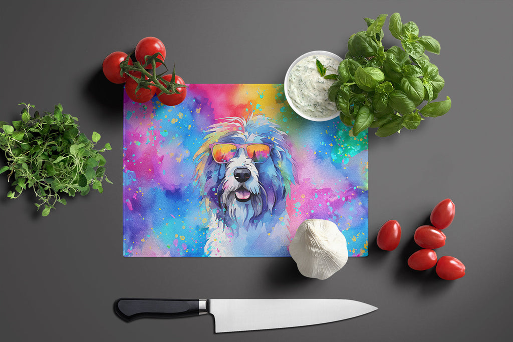 Old English Sheepdog Hippie Dawg Cutting Board Tempered Glass Kitchen Cutting Surface, Heat Resistant Chopping, Non-Slip Feet, Food Prep & Serving