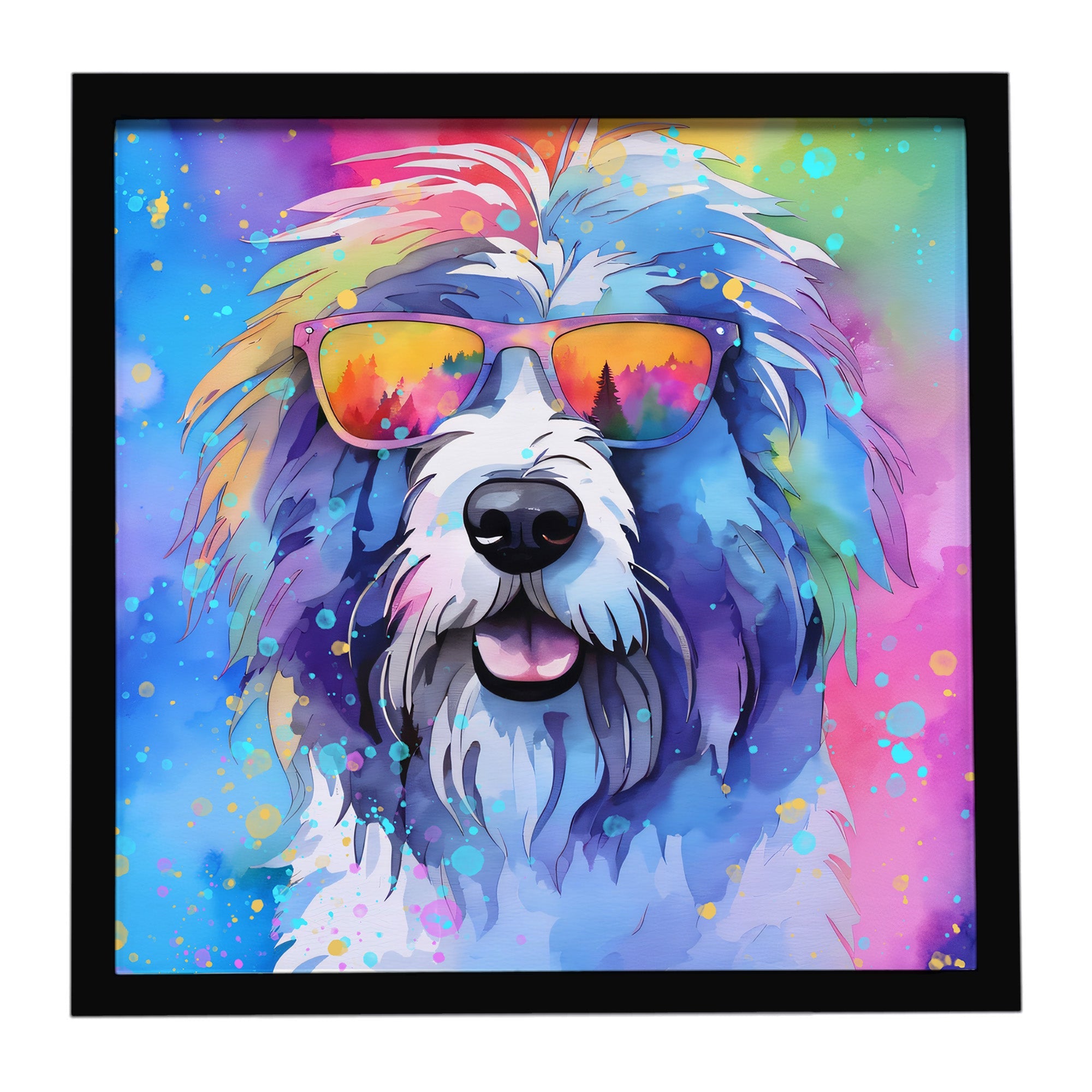 Old English Sheepdog Hippie Dawg Framed Metal Print Bathroom, Kitchen, Office, Home Decor Wall Art Ready to Hang, Square, 8X8